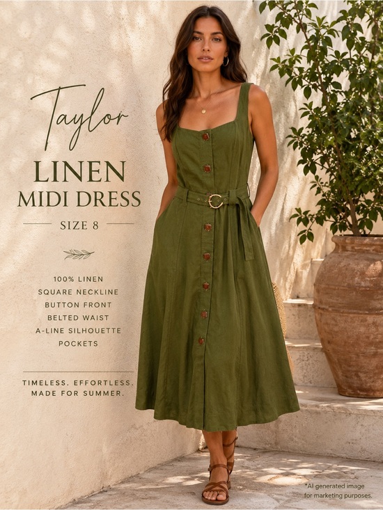 Taylor Dresses & Skirts - Taylor Olive Green Linen Midi Dress Belted Size 8 Coastal Resort Minimalist
